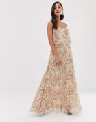 Asos Design Maxi Dress With Double Layer Pleat Crop Top And Strap In Print-multi