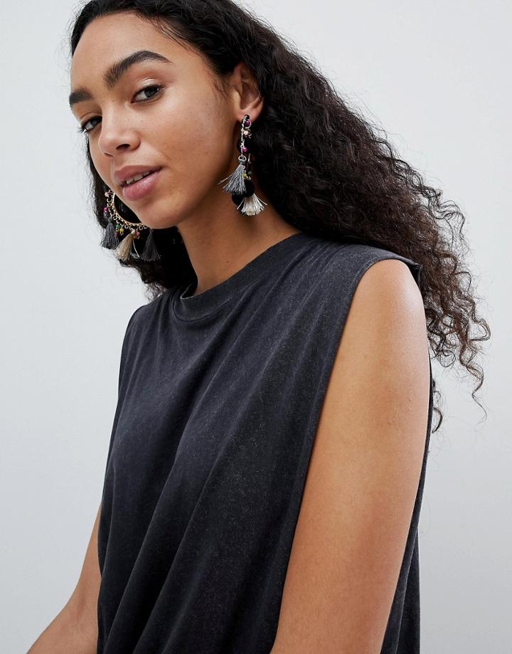 Asos Design Colorful Bead And Pom Tassel Hoop Earrings - Gold