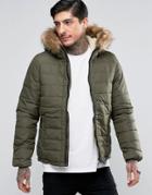 Schott Quilted Padded Hooded Jacket Detachable Faux Fur Trim - Green