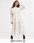 Object Grid Check Midi Dress With Ruffle Detail-cream