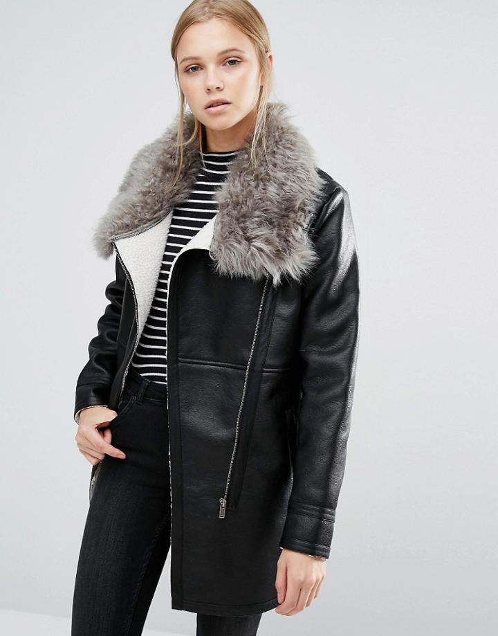 First & I Shearling Fur Collar Jacket - Black