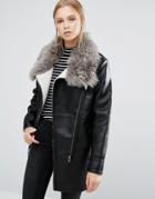 First & I Shearling Fur Collar Jacket - Black