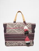 Star Mela Tote Bag With Gray And Pink Embroidery And Leather Handles