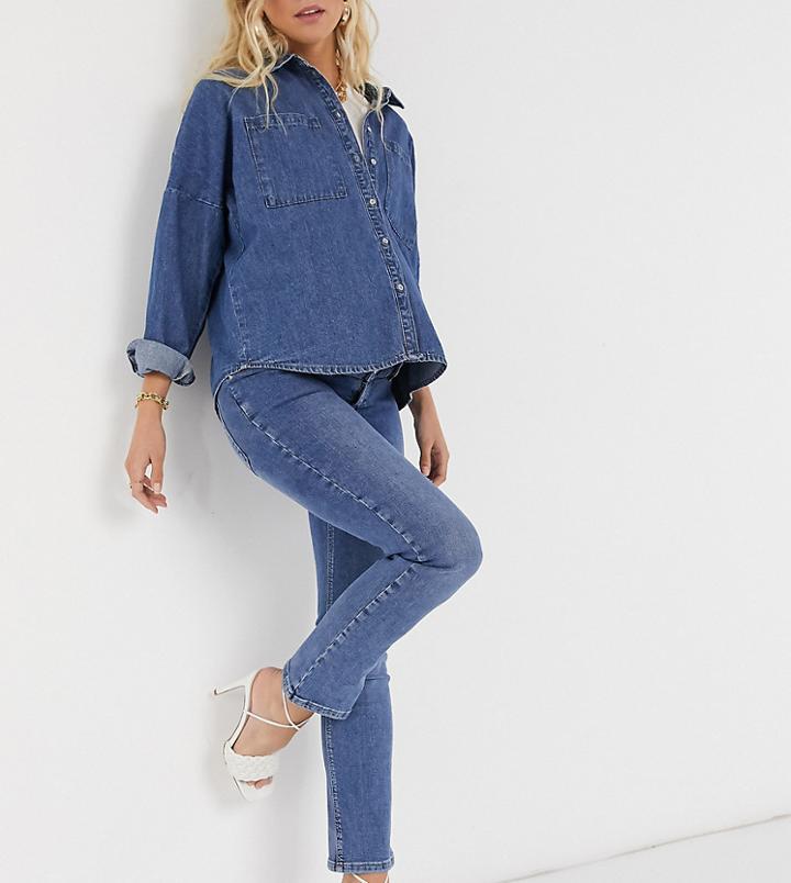 Asos Design Maternity High Rise 'sassy' Cigarette Jeans In Authentic Midwash With Elasticated Side Waistband-blue