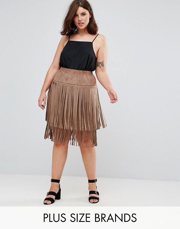 Elvi Suedette Festival Fringe Skirt - Tan