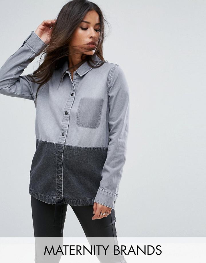 Supermom Color Block Denim Shirt With Pocket Detail - Gray