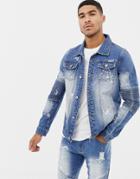 Liquor N Poker Biker Jacket With Paint Splatter In Blue - Blue