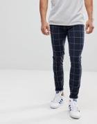 Asos Design Super Skinny Smart Pants In Navy Check With Turn Up - Navy