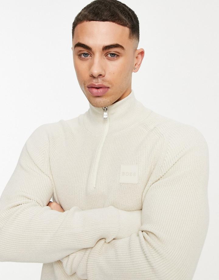 Boss Knorsey Knitted Half Zip Sweater In Stone-neutral
