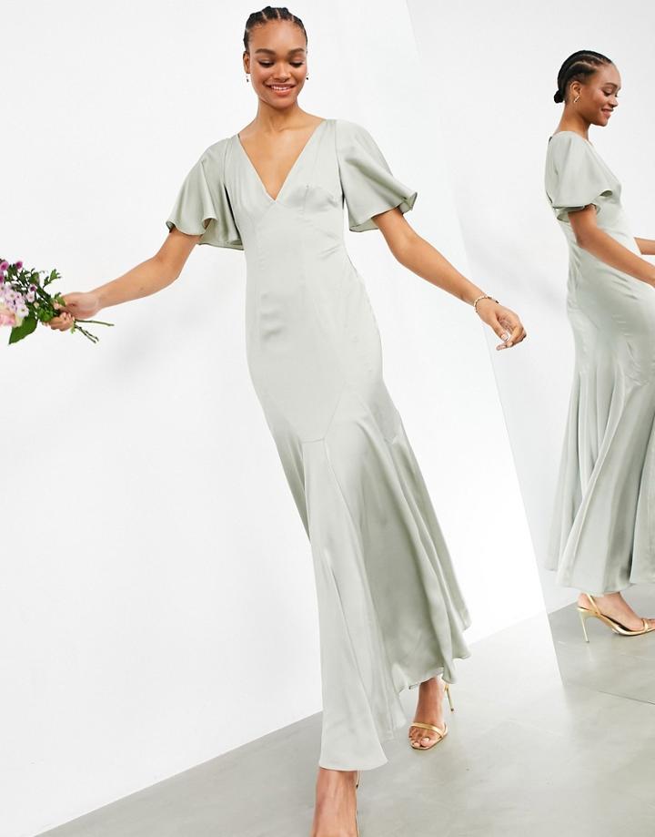 Asos Edition Satin Maxi Dress With Flutter Sleeve In Sage Green