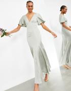 Asos Edition Satin Maxi Dress With Flutter Sleeve In Sage Green