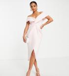 Asos Design Petite Off-the-shoulder Front Twist Midi Dress In Rosewater-pink