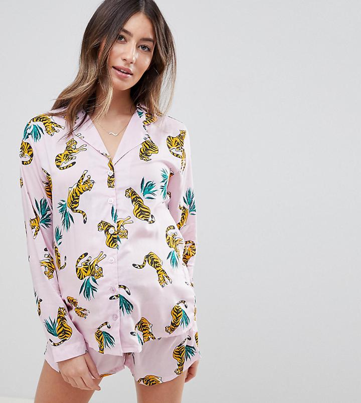 Asos Design Maternity Tiger Traditional 100% Modal Short Set - Pink