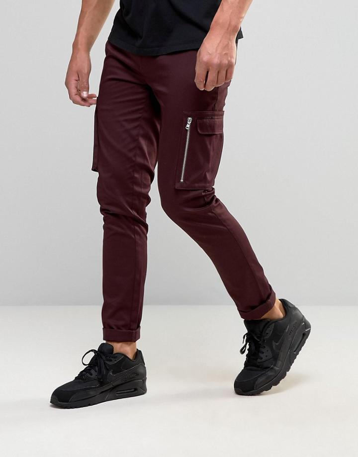 Asos Super Skinny Smart Pants With Side Pockets In Burgundy - Red