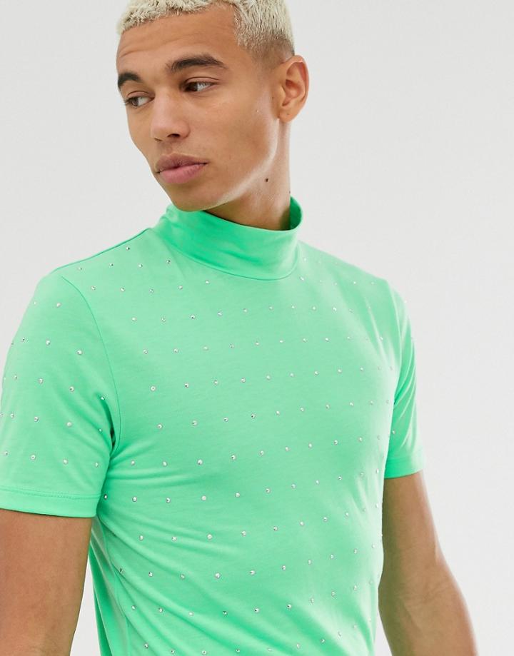 Asos Design Muscle T-shirt With Stretch With Turtleneck And Embellished Gems - Green