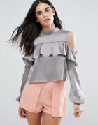 Love & Other Things Cold Shoulder Long Sleeve Top With Frill Detail - Gray
