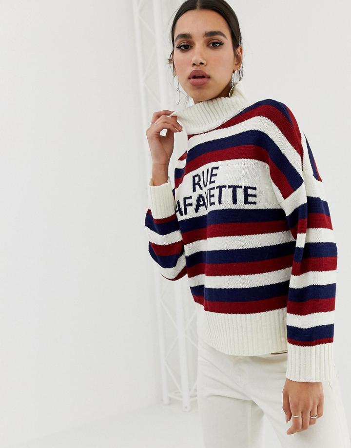 Neon Rose Relaxed Sweater With High Neck In Slogan Stripe-cream