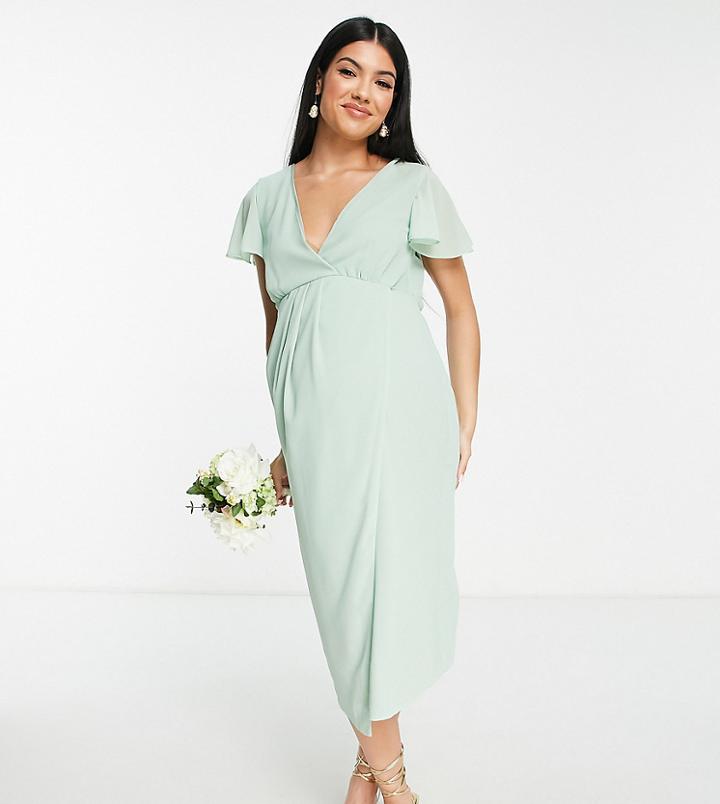 Tfnc Maternity Bridesmaid Chiffon Wrap Front Midi Dress With Flutter Sleeve In Fresh Sage-green