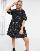 Asos Design Cotton Poplin Smock Mini Dress In Mono Polka Dot-multi
