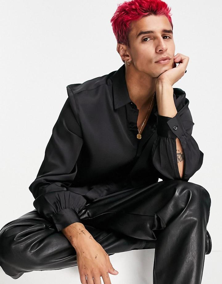 Asos Design Satin Shirt With Volume Blouson Sleeve In Black