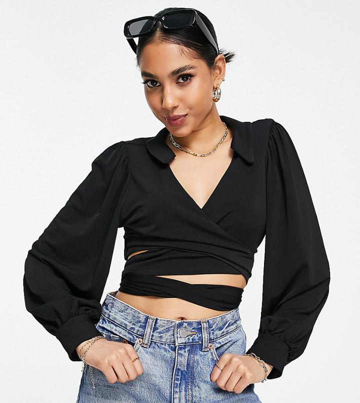 River Island Petite Wrap Around Tie Shirt In Black