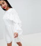 Asos Design Petite Jacquard Mini Dress With Ruffle Sleeves And Cut Out Back - White