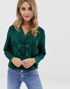 Influence Animal Print Blazer Blouse With Button Detail-green