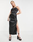 Flounce London Satin Midi Dress With Ruched Cup Detail In Black