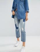 Only Cropped Boyfriend Jeans With Patches - Blue