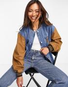 Asos Design Denim Varsity Jacket In Midwash-blues