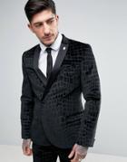 Noose & Monkey Super Skinny Suit Jacket In Db Crocodile Velvet - Black