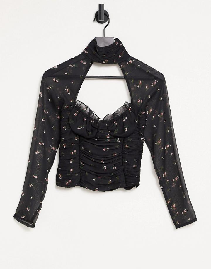 Asos Design Floral High Neck Top With Cut Out Neck-multi