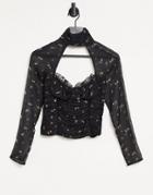 Asos Design Floral High Neck Top With Cut Out Neck-multi