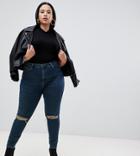 Asos Design Curve Ridley High Waisted Skinny Jeans In London Blue Wash With Ripped Knees