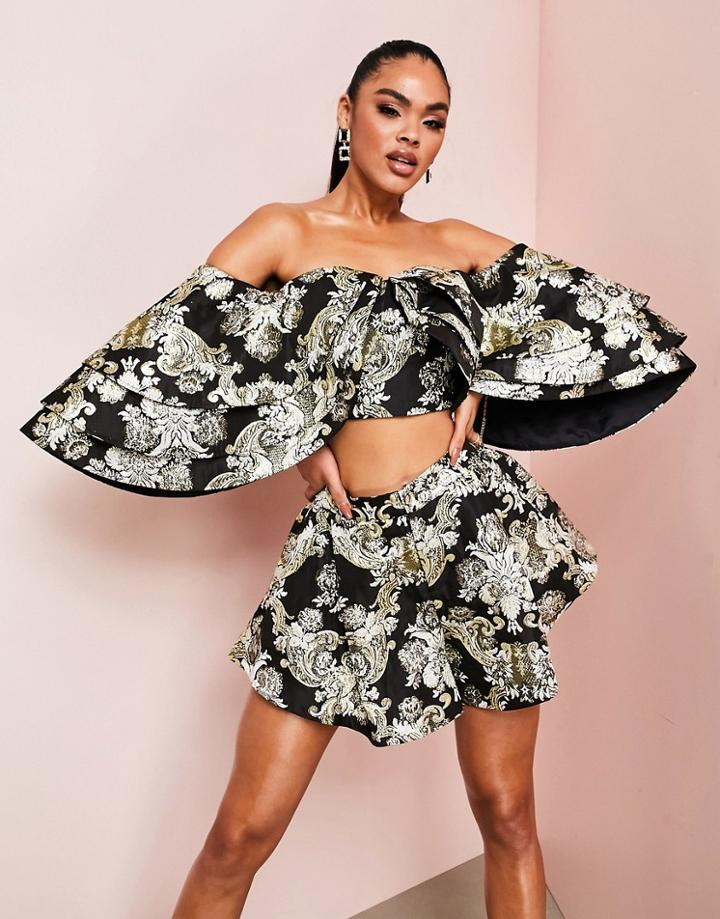 Asos Luxe Jacquard Triple Ruffle Bardot Top In Black And Gold - Part Of A Set-multi