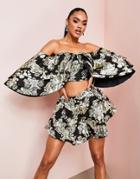 Asos Luxe Jacquard Triple Ruffle Bardot Top In Black And Gold - Part Of A Set-multi