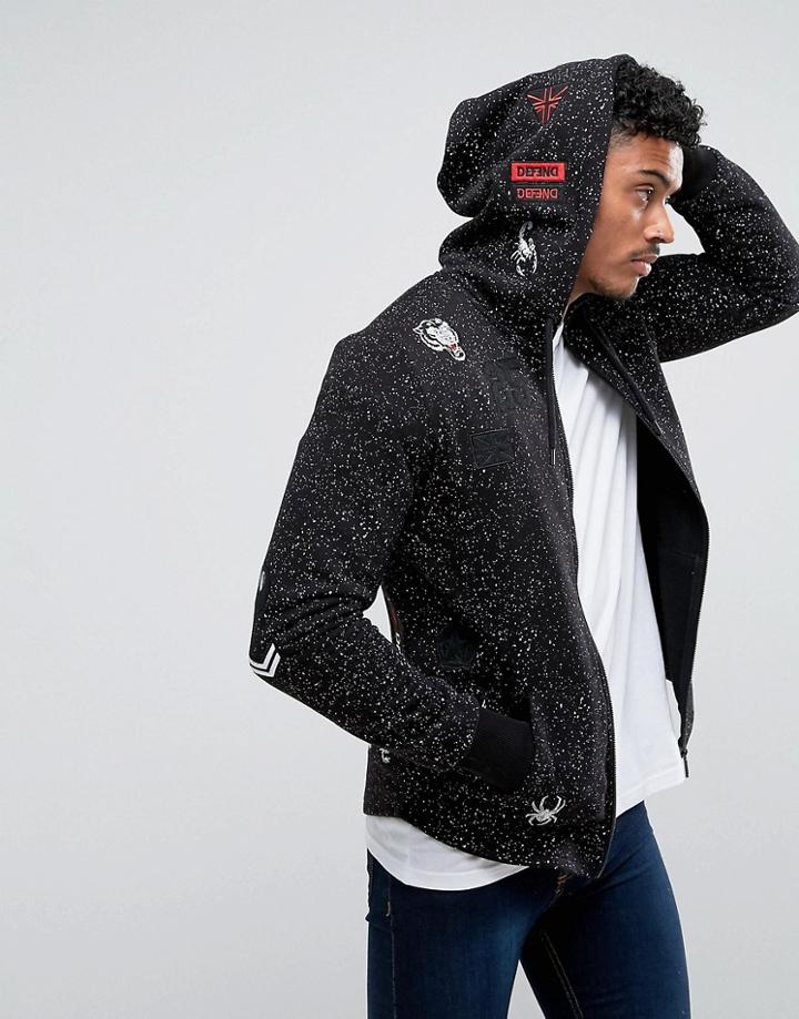 Defend London Zip Up Hoodie With Patches - Black