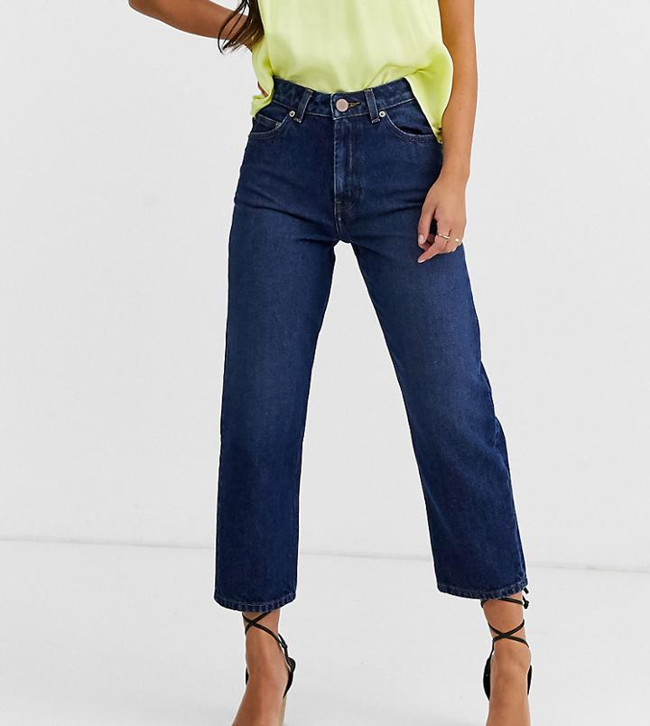 Asos Design Petite Recycled Florence Authentic Straight Leg Jeans In Rich Dark Stonewash Blue-blues