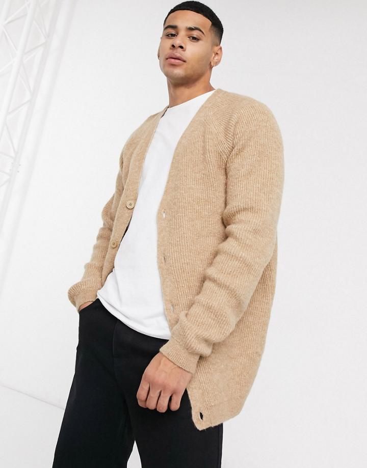 Asos Design Knitted Ribbed Button Cardigan In Oatmeal-neutral
