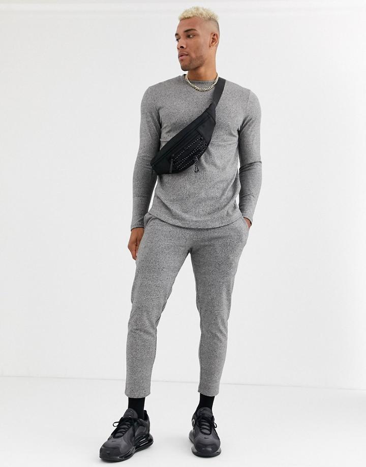 Asos Design Two-piece Longline Long Sleeve T-shirt With Curved Hem In Twisted Jersey In Gray