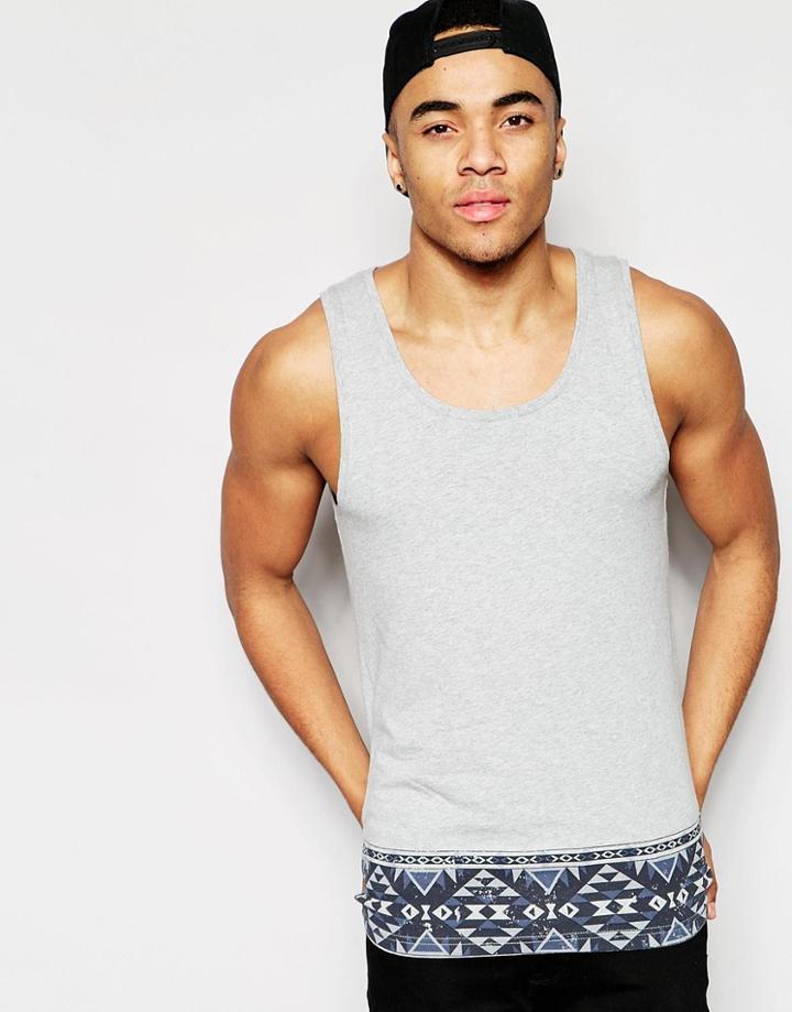 Asos Muscle Tank With Geo-tribal Hem - Gray Marl