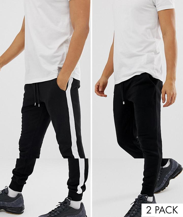 Asos Design Super Skinny Joggers 2 Pack Black / Black And White Side Stripe - Black