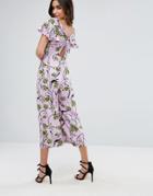 Asos Jumpsuit With Twist Back And Frill Detail In Floral Print - Pink