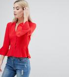Missguided Petite Button Detail Peplum Blouse - Red