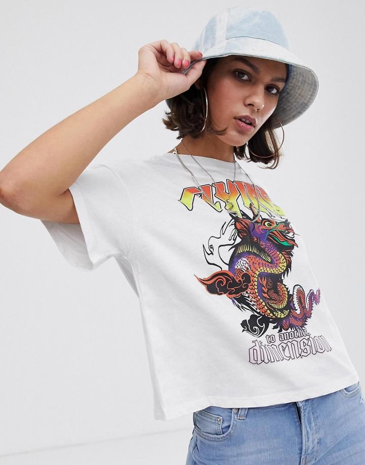 Bershka Dragon Motif Tee In White - White