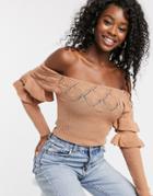 Asos Design Off Shoulder Knit Top With Ruffle And Stitch Detail