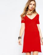 Asos Swing Dress In Knit With Pom Pom Detail With T-shirt Sleeve - Red
