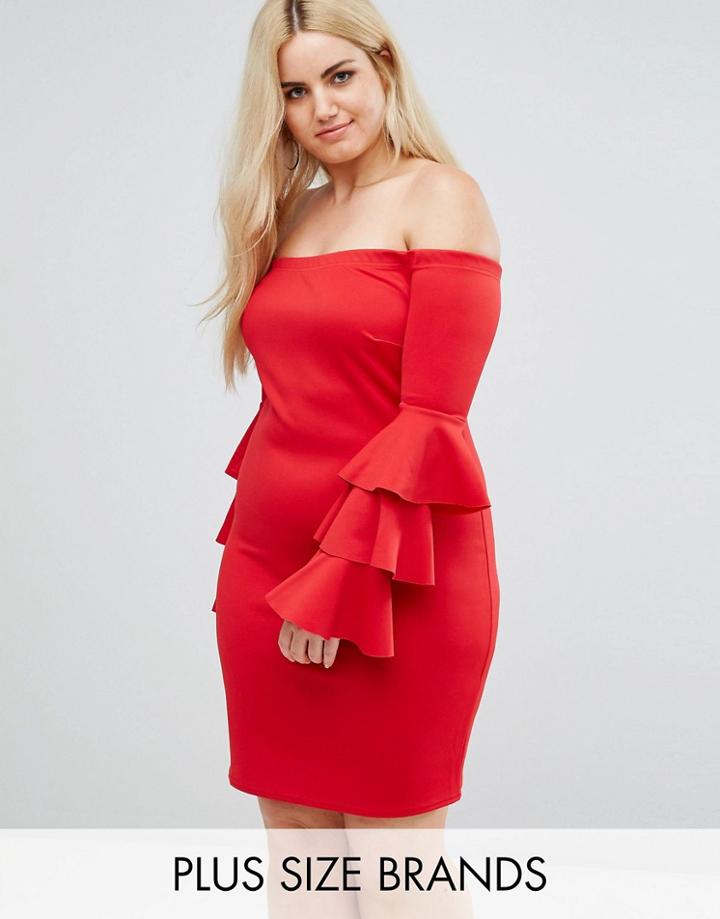 Club L Plus Bardot Mini Dress With Exaggerated Layered Sleeve Detail - Red