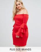 Club L Plus Bardot Mini Dress With Exaggerated Layered Sleeve Detail - Red