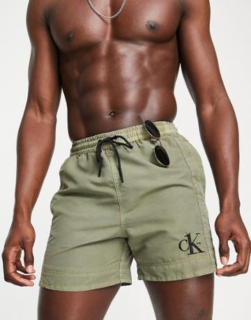 Calvin Klein Small Icon Swim Shorts In Khaki-green